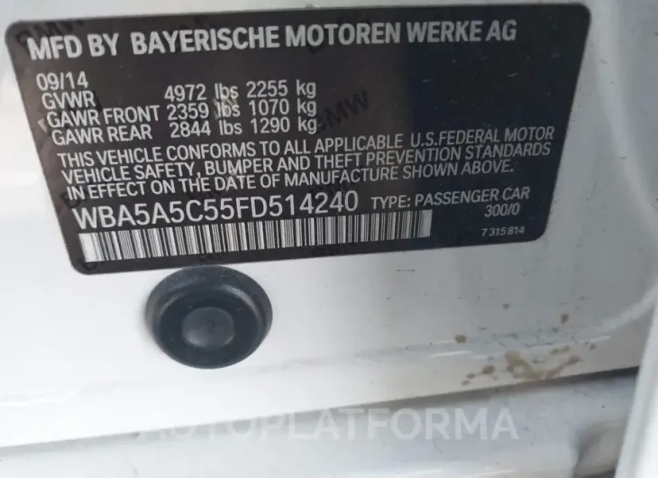 BMW 528I 2015 vin WBA5A5C55FD514240 from auto auction Iaai