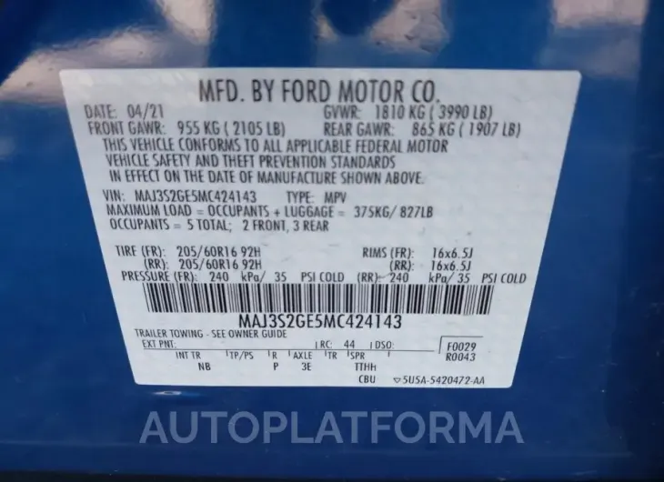 FORD ECOSPORT 2021 vin MAJ3S2GE5MC424143 from auto auction Iaai