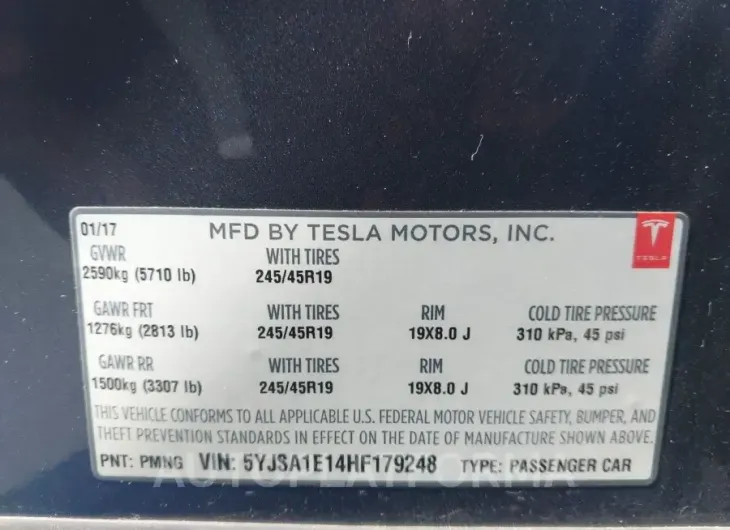 TESLA MODEL S 2017 vin 5YJSA1E14HF179248 from auto auction Iaai