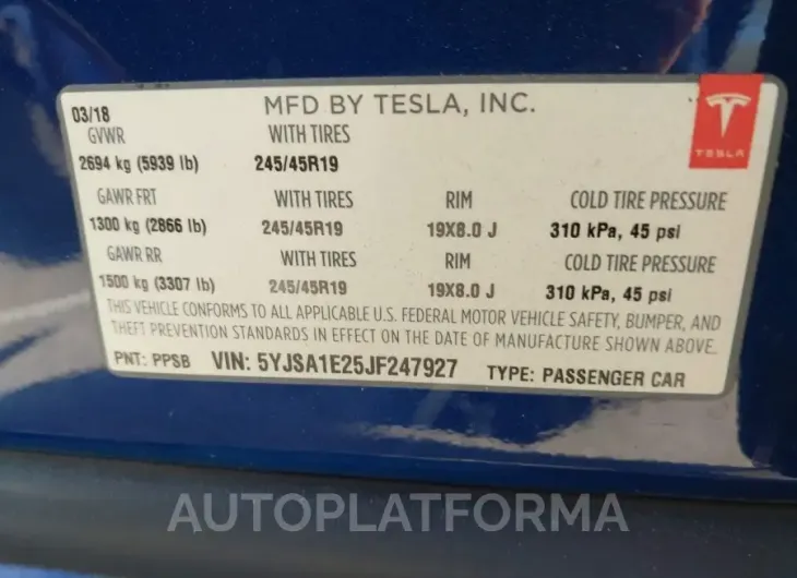 TESLA MODEL S 2018 vin 5YJSA1E25JF247927 from auto auction Iaai