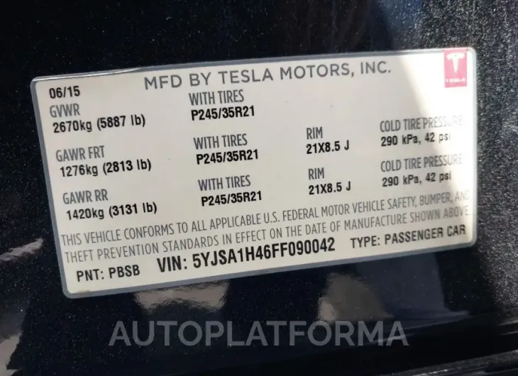 TESLA MODEL S 2015 vin 5YJSA1H46FF090042 from auto auction Iaai