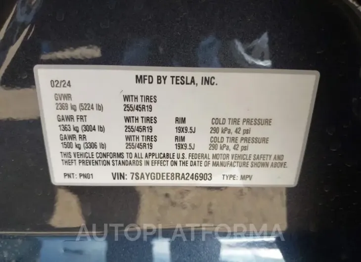 TESLA MODEL Y 2024 vin 7SAYGDEE8RA246903 from auto auction Iaai