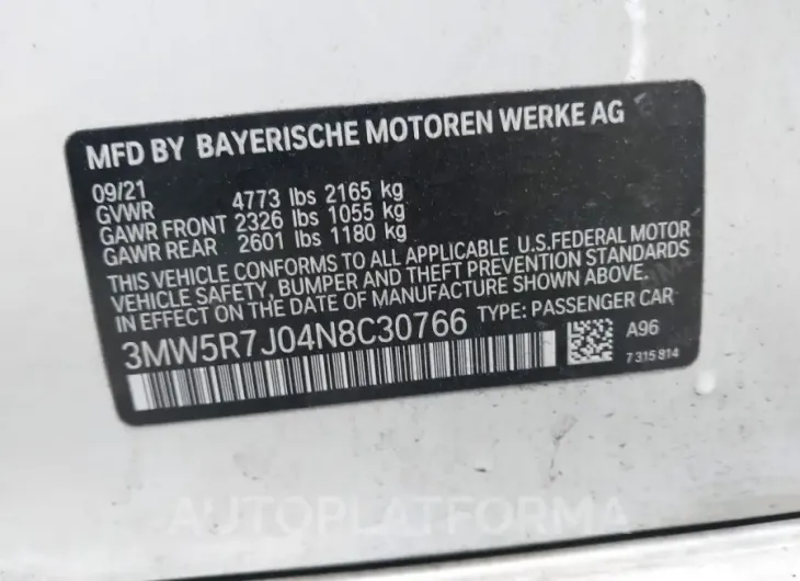 BMW 330I 2022 vin 3MW5R7J04N8C30766 from auto auction Iaai