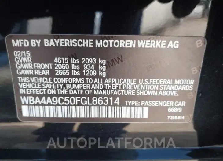 BMW 4 SERIES 2015 vin WBA4A9C50FGL86314 from auto auction Iaai