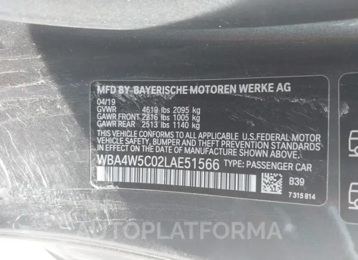 BMW 4 SERIES 2020 vin WBA4W5C02LAE51566 from auto auction Iaai