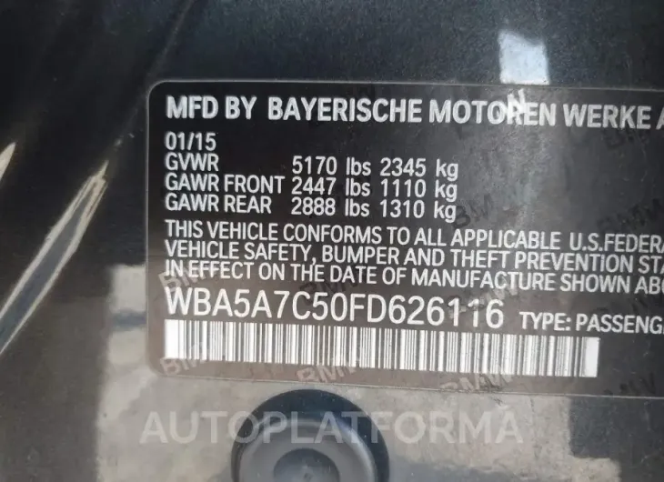 BMW 528I 2015 vin WBA5A7C50FD626116 from auto auction Iaai