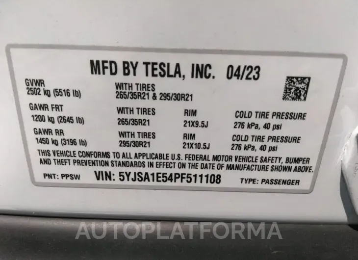 TESLA MODEL S 2023 vin 5YJSA1E54PF511108 from auto auction Iaai