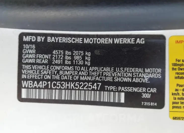 BMW 440I 2017 vin WBA4P1C53HK522547 from auto auction Iaai