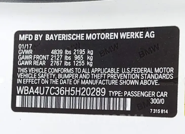 BMW 430I 2017 vin WBA4U7C36H5H20289 from auto auction Iaai