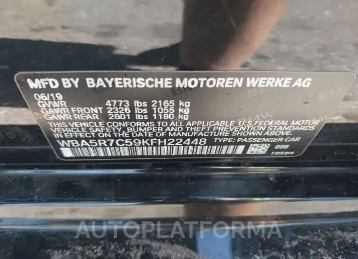 BMW 330I 2019 vin WBA5R7C59KFH22448 from auto auction Iaai