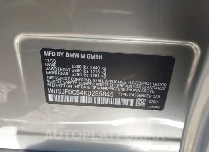 BMW M5 2019 vin WBSJF0C54KB285845 from auto auction Iaai