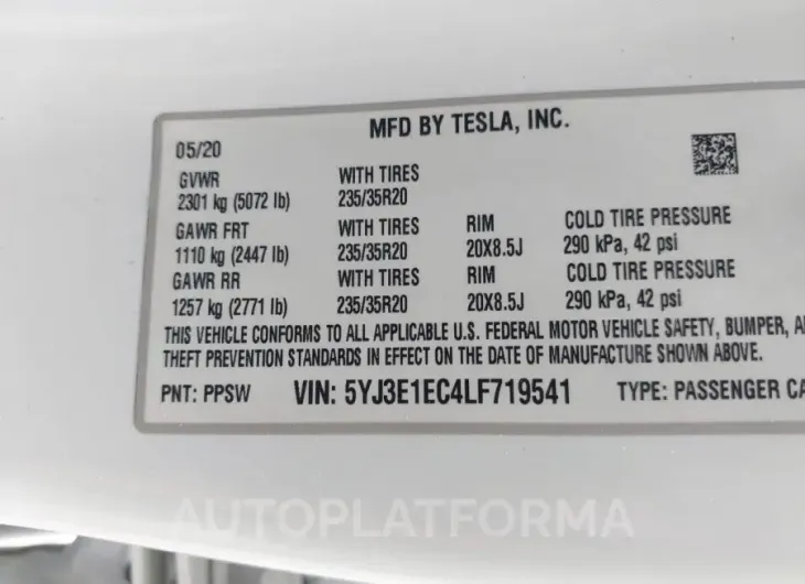 TESLA MODEL 3 2020 vin 5YJ3E1EC4LF719541 from auto auction Iaai