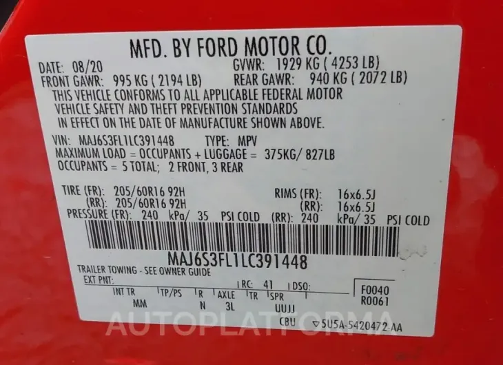 FORD ECOSPORT 2020 vin MAJ6S3FL1LC391448 from auto auction Iaai