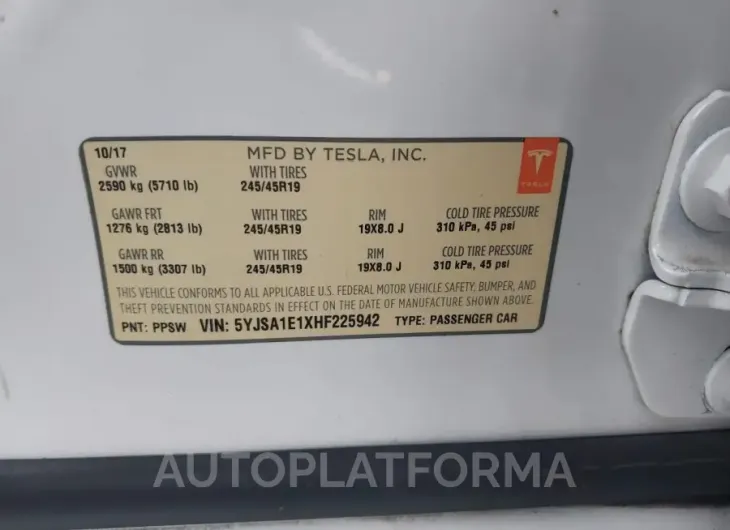 TESLA MODEL S 2017 vin 5YJSA1E1XHF225942 from auto auction Iaai