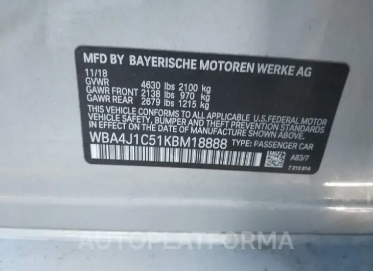 BMW 430I GRAN COUPE 2019 vin WBA4J1C51KBM18888 from auto auction Iaai