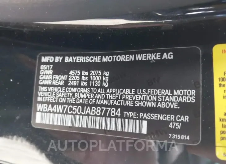 BMW 440I 2018 vin WBA4W7C50JAB87784 from auto auction Iaai