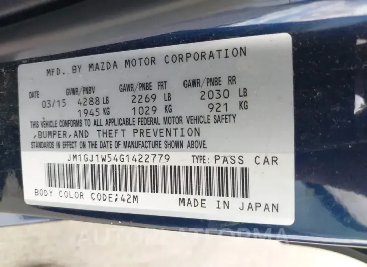 MAZDA MAZDA6 2016 vin JM1GJ1W54G1422779 from auto auction Iaai