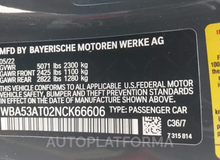 BMW M440I 2022 vin WBA53AT02NCK66606 from auto auction Iaai