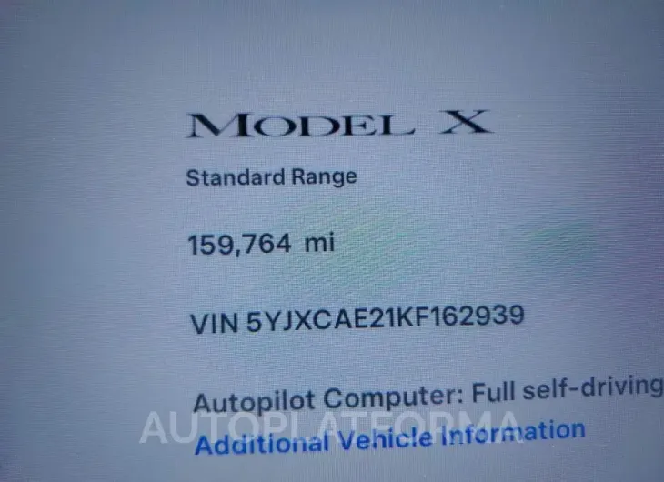 TESLA MODEL X 2019 vin 5YJXCAE21KF162939 from auto auction Iaai