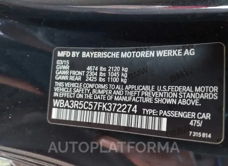 BMW 435I 2015 vin WBA3R5C57FK372274 from auto auction Iaai