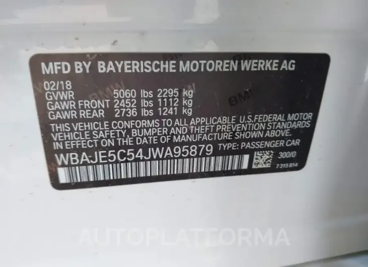 BMW 540I 2018 vin WBAJE5C54JWA95879 from auto auction Iaai