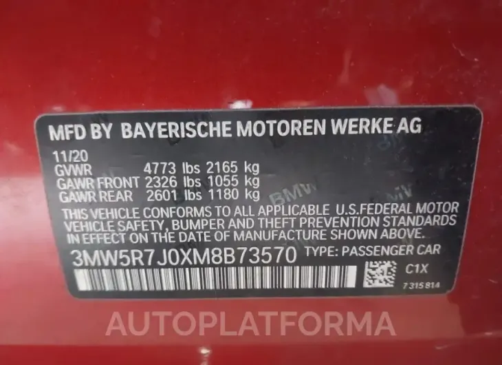 BMW 330I 2021 vin 3MW5R7J0XM8B73570 from auto auction Iaai