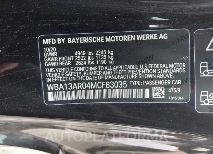 BMW M440I 2021 vin WBA13AR04MCF83035 from auto auction Iaai