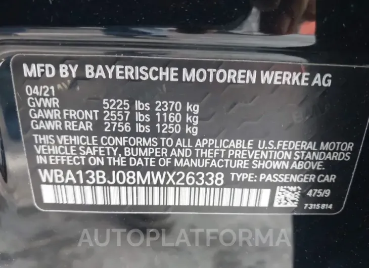 BMW 530I 2021 vin WBA13BJ08MWX26338 from auto auction Iaai