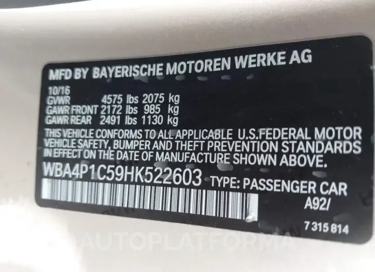 BMW 440I 2017 vin WBA4P1C59HK522603 from auto auction Iaai