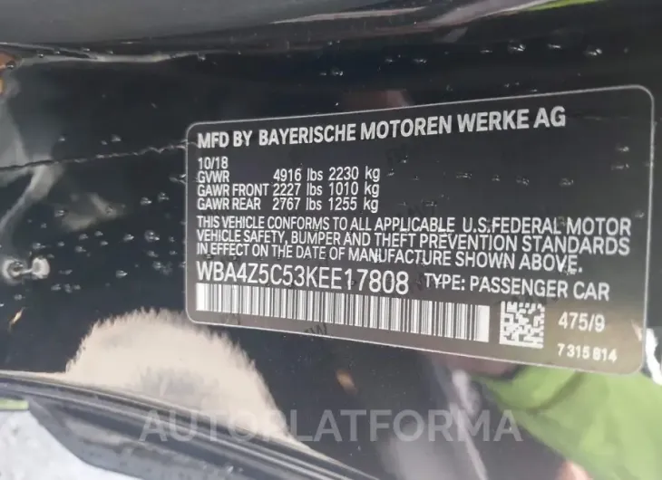 BMW 440I 2019 vin WBA4Z5C53KEE17808 from auto auction Iaai