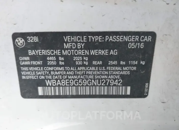 BMW 328I  2016 vin WBA8E9G59GNU27942 from auto auction Iaai