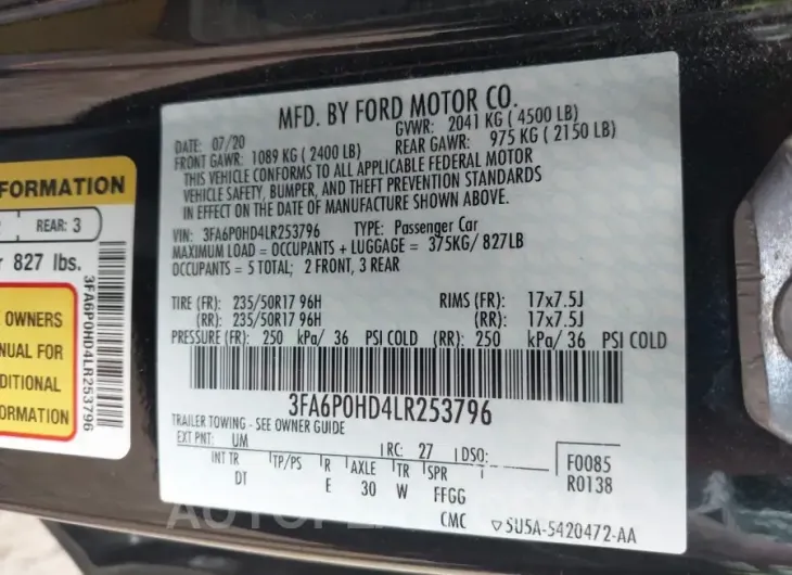 FORD FUSION 2020 vin 3FA6P0HD4LR253796 from auto auction Iaai