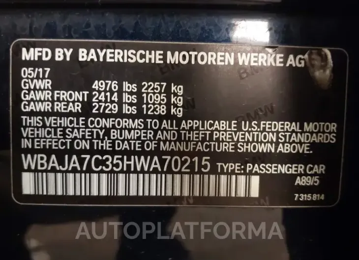 BMW 530I 2017 vin WBAJA7C35HWA70215 from auto auction Iaai