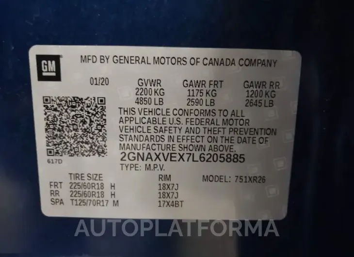 CHEVROLET EQUINOX 2020 vin 2GNAXVEX7L6205885 from auto auction Iaai