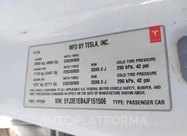 TESLA MODEL 3 2018 vin 5YJ3E1EB4JF151506 from auto auction Iaai