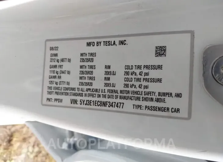 TESLA MODEL 3 2022 vin 5YJ3E1EC8NF347477 from auto auction Iaai