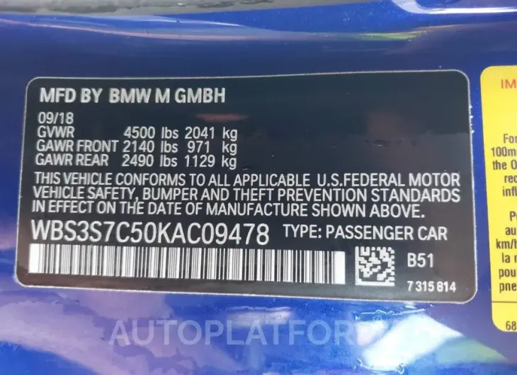 BMW M4 2019 vin WBS3S7C50KAC09478 from auto auction Iaai