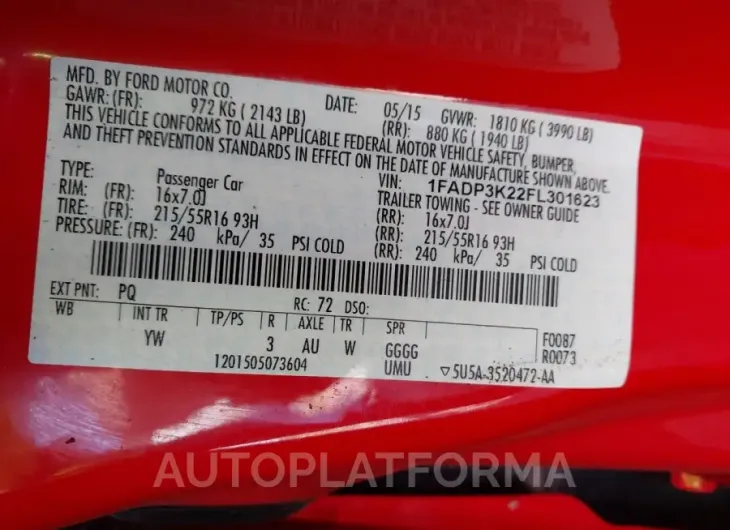 FORD FOCUS 2015 vin 1FADP3K22FL301623 from auto auction Iaai