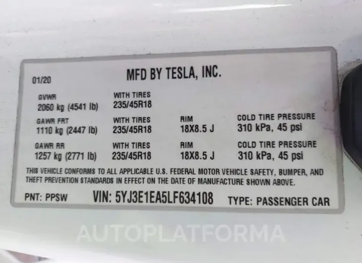 TESLA MODEL 3 2020 vin 5YJ3E1EA5LF634108 from auto auction Iaai