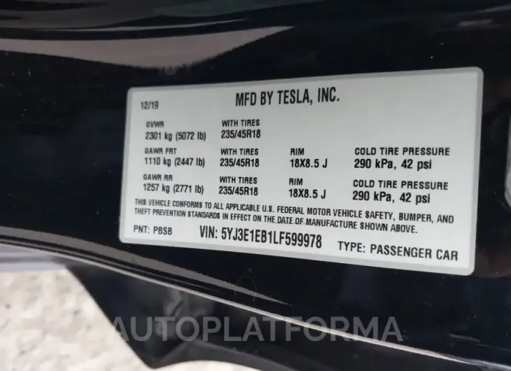 TESLA MODEL 3 2020 vin 5YJ3E1EB1LF599978 from auto auction Iaai