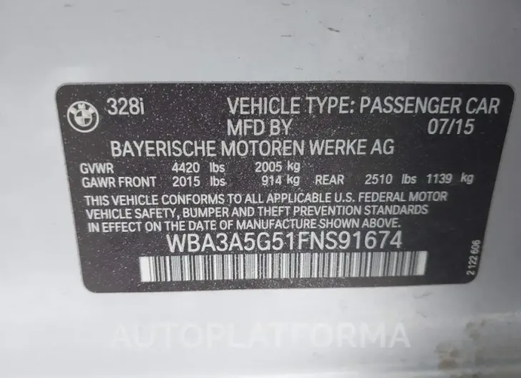 BMW 328I  2015 vin WBA3A5G51FNS91674 from auto auction Iaai