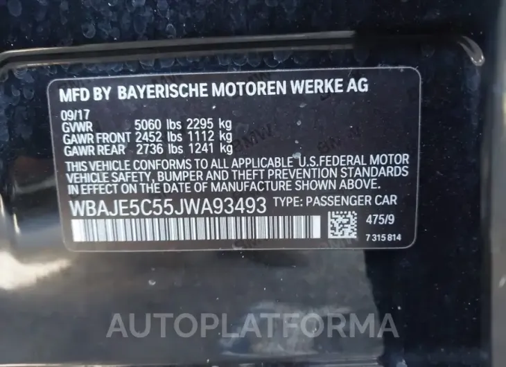 BMW 540I 2018 vin WBAJE5C55JWA93493 from auto auction Iaai