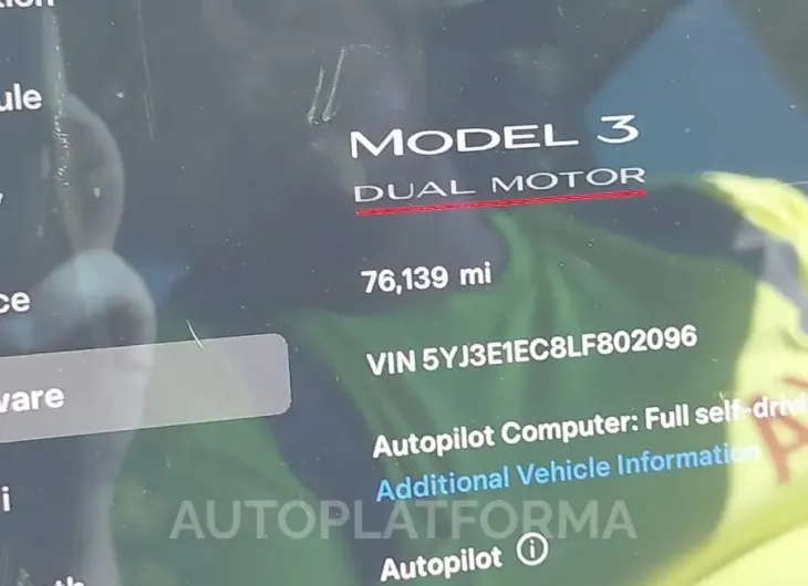 TESLA MODEL 3 2020 vin 5YJ3E1EC8LF802096 from auto auction Iaai