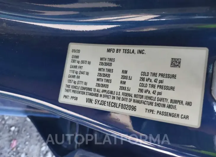 TESLA MODEL 3 2020 vin 5YJ3E1EC8LF802096 from auto auction Iaai