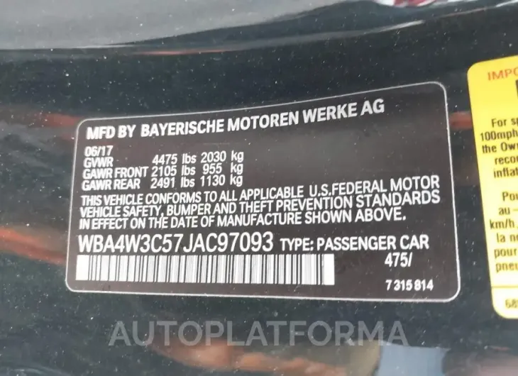 BMW 430I 2018 vin WBA4W3C57JAC97093 from auto auction Iaai