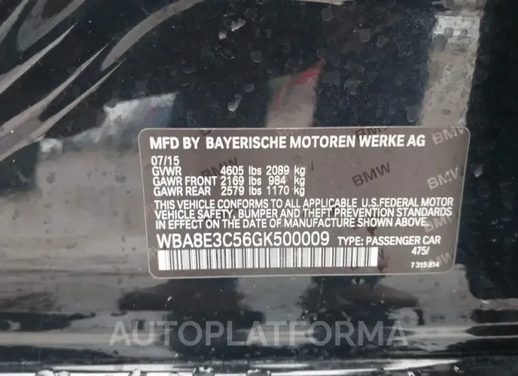 BMW 328I  2016 vin WBA8E3C56GK500009 from auto auction Iaai