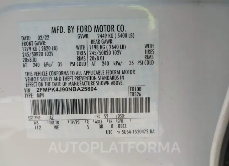 FORD EDGE 2022 vin 2FMPK4J90NBA25804 from auto auction Iaai