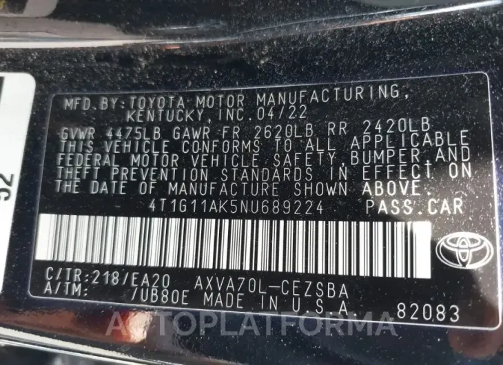 TOYOTA CAMRY 2022 vin 4T1G11AK5NU689224 from auto auction Iaai