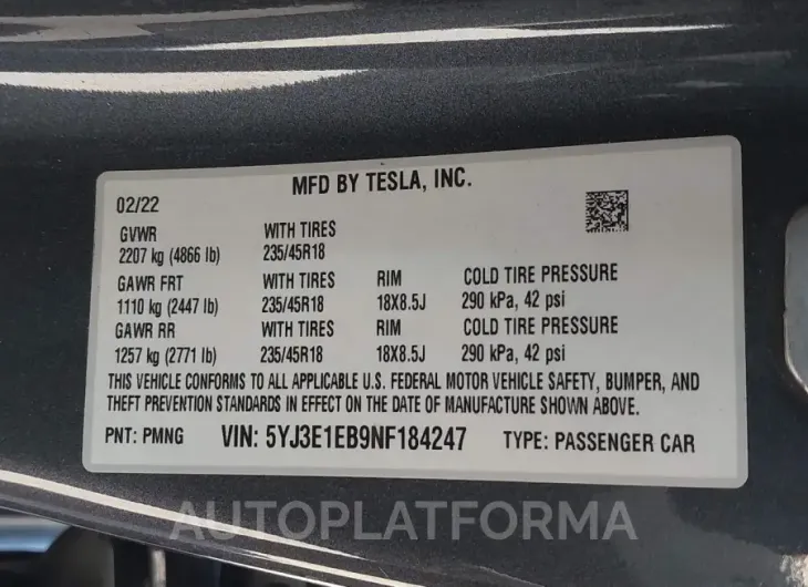 TESLA MODEL 3 2022 vin 5YJ3E1EB9NF184247 from auto auction Iaai