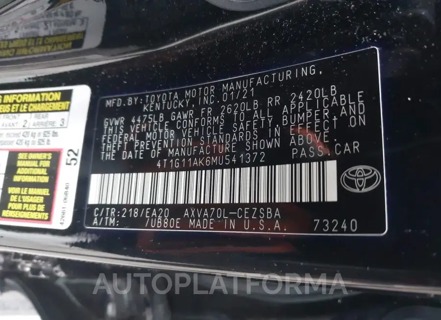 TOYOTA CAMRY 2021 vin 4T1G11AK6MU541372 from auto auction Iaai